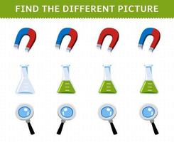 Educação jogos para crianças encontrar a diferente cenário dentro cada linha do fofa desenho animado magnético taça lupa imprimível ferramenta planilha vetor