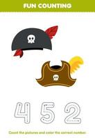 Educação jogos para crianças contagem a As fotos e cor a corrigir número a partir de fofa desenho animado chapéu imprimível pirata planilha vetor