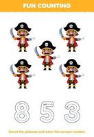 Educação jogos para crianças contagem a As fotos e cor a corrigir número a partir de fofa desenho animado capitão personagem imprimível pirata planilha vetor
