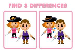 Educação jogos para crianças encontrar três diferenças entre dois fofa desenho animado homem e mulher imprimível pirata planilha vetor