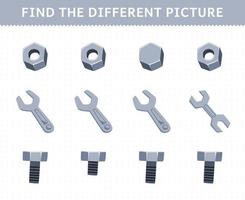 Educação jogos para crianças encontrar a diferente cenário dentro cada linha do fofa desenho animado noz chave inglesa parafuso imprimível ferramenta planilha vetor