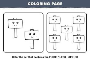 Educação jogos para crianças coloração página Mais ou Menos cenário do fofa desenho animado martelo linha arte conjunto imprimível ferramenta planilha vetor