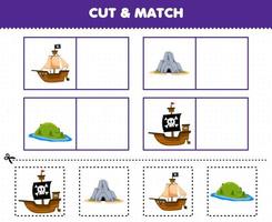 Educação jogos para crianças cortar e Combine a mesmo cenário do fofa desenho animado navio caverna ilha imprimível pirata planilha vetor