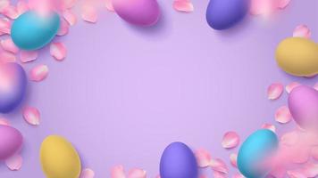 pintado volumétrico Páscoa ovos e 3d rosa pétalas em lilás fundo. brilhante vetor ilustração com Lugar, colocar para texto, cópia de espaço. multicolorido papel de parede para Primavera cristão feriado.