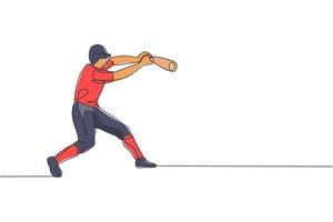 um único desenho de linha de prática de jogador de beisebol jovem enérgico para acertar a ilustração vetorial de bola. conceito de treinamento esportivo. design moderno de desenho de linha contínua para banner de torneio de beisebol vetor