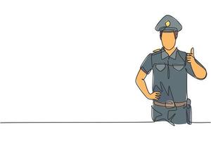 contínua uma linha desenhando o policial com um gesto de polegar para cima e de uniforme completo está pronto para impor a disciplina de trânsito na rodovia. ilustração gráfica do vetor do desenho do desenho de linha única.