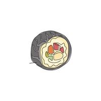 um desenho de linha contínua de deliciosos deliciosos sushi japonês maki bar restaurante logotipo emblema. conceito de modelo de logotipo de loja de café de frutos do mar japão. ilustração em vetor design de desenho de linha única moderna