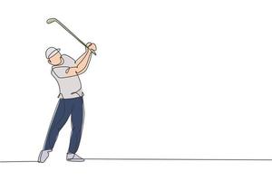 um único desenho de linha do jovem jogador de golfe esportivo bateu a bola usando ilustração gráfica vetorial de clube de golfe. conceito de esporte saudável. design moderno de desenho de linha contínua para cartaz de torneio de golfe vetor