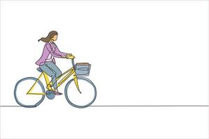 uma única linha de desenho jovem feliz empregado de inicialização mulher andar de bicicleta para a ilustração em vetor gráfico de espaço de coworking. conceito de estilo de vida saudável do viajante urbano. design moderno de desenho de linha contínua