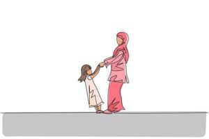 único desenho de linha de jovem árabe mãe e filha segurando a mão, brincando juntos ilustração vetorial. conceito de parentalidade familiar muçulmana islâmica feliz. design gráfico moderno de linha contínua vetor