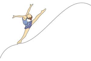 1 contínuo linha desenhando do rítmico movimento jovem beleza ginasta garota. chão exercício artista dentro collant. saudável ativo esporte dança conceito. dinâmico solteiro linha desenhar Projeto vetor ilustração