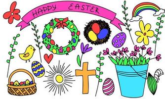 rabisco símbolo do Páscoa. ovos, flores, feliz páscoa, arco-íris, garota, Sol. vetor ilustração.