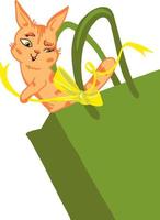 vermelho gato Raposa filhote desamarra uma fita com uma verde presente saco vetor