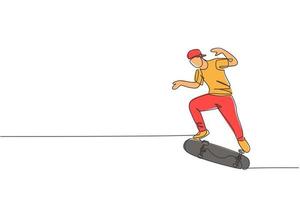 um único desenho de linha do jovem skatista exercício andando de skate na ilustração vetorial de rua da cidade. estilo de vida adolescente e conceito de esporte radical ao ar livre. design moderno de desenho de linha contínua vetor