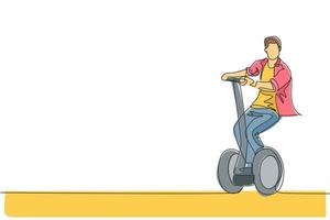 único desenho de linha contínua de jovem feliz andando de scooter elétrico em área pública. transporte ecológico. conceito de estilo de vida urbano. ilustração em vetor desenho desenho de uma linha na moda