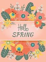 Olá Primavera. Primavera flores, folhas. bandeira, cartão postal, poster. vetor