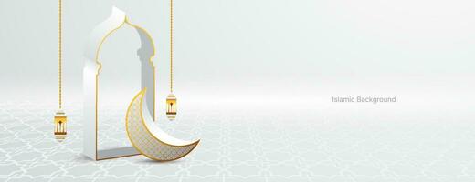islâmico bandeira fundo com crescente , lanterna e portão dentro branco e ouro cor. vetor ilustração