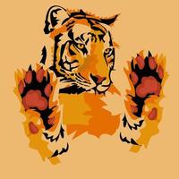 vetor ilustração dentro realista estilizado estilo do uma selvagem tigre com patas, em uma bege fundo. tons do laranja. fofa tigre atrás a vidro. circo sem animais. leão com elevado patas