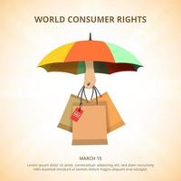 quadrado mundo consumidor direitos dia fundo com mão segurando compras saco vetor