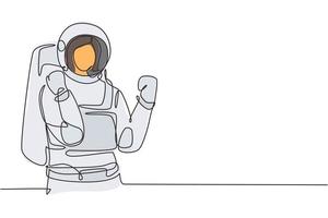 contínuo uma linha desenhando uma astronauta feminina com um gesto celebrativo vestindo trajes espaciais para explorar o espaço sideral em busca dos mistérios do universo. ilustração gráfica de vetor de desenho de linha única