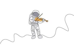 desenho de linha única contínua de astronauta tocando instrumento musical de violino de beleza na galáxia cósmica. conceito de concerto de música do espaço sideral. gráfico de ilustração vetorial moderno de desenho de uma linha vetor