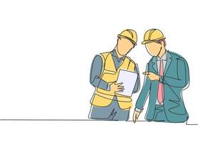 um desenho simples de um jovem gerente de construção dando instruções ao coordenador do supervisor. construção de conceito de negócio de arquitetura. ilustração gráfica de vetor de desenho de linha contínua