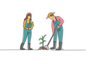 desenho de linha contínua única jovem casal agricultor limpou o solo com as plantas usando uma pá. plantar novas plantas. conceito de minimalismo agrícola. uma linha desenhar ilustração em vetor design gráfico.