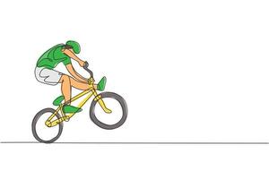 um único desenho de linha do jovem ciclista bmx realizando truque de estilo livre na ilustração vetorial de rua. conceito de esporte radical. design moderno de desenho de linha contínua para banner de competição de estilo livre vetor