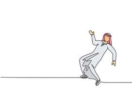 único desenho de linha de homem de negócios árabe jovem dançando na rua. feliz com seu conceito de metáfora mínima de desafio de negócios. linha contínua moderna desenhar design gráfico ilustração vetorial vetor