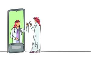único desenho de uma linha paciente árabe do sexo masculino segurando o smartphone em pé de frente para o smartphone gigante e consultar o médico. médico online. ilustração em vetor gráfico design moderno linha contínua