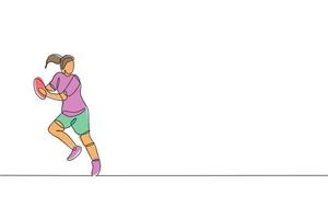 um único desenho de linha do jovem jogador de rugby energético segurando a bola e evitando a ilustração vetorial do oponente. conceito de esporte saudável. design moderno de desenho de linha contínua para cartaz de torneio de rugby