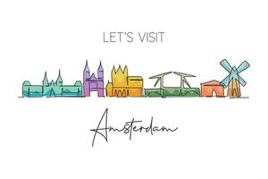um único desenho de linha do horizonte da cidade de amsterdã, holanda. paisagem histórica de arranha-céus no mundo. melhor cartaz de decoração de parede de destino de férias. ilustração em vetor design de desenho de linha contínua