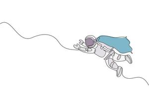 único desenho de linha contínua astronauta flutuante da ciência em uma mosca de passeio no espaço vestindo macacão. exploração do espaço profundo de fantasia, conceito de ficção. moderno desenho de uma linha desenho vetorial ilustração gráfica vetor