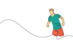 um único desenho de linha de exercício de homem jovem corredor feliz para melhorar a ilustração vetorial gráfico de resistência. estilo de vida saudável e conceito de esporte competitivo. design moderno de desenho de linha contínua vetor