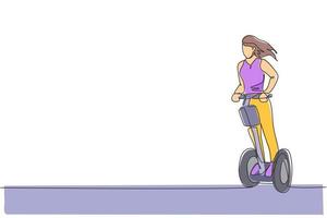um desenho de linha única de jovem enérgica andando de scooter de chute elétrico na ilustração vetorial de parque da cidade. transporte futuro. conceito de esporte de estilo de vida saudável. design moderno de desenho de linha contínua vetor