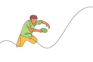 uma linha contínua desenho desportivo jogador de ténis de mesa para receber a bola rival. conceito de esporte competitivo. ilustração em vetor gráfico de desenho de linha única para cartaz de campeonato de pingue-pongue