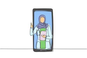 Uma única linha de desenho hijab médica sai da tela do smartphone enquanto faz o gesto de polegar para cima. consulta médica online. ilustração em vetor gráfico design moderno linha contínua