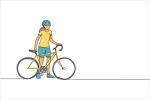 um desenho de linha contínua de ciclista jovem desportiva espera sua amiga na beira da estrada. conceito de ciclista de estrada. ilustração vetorial de desenho de linha única dinâmica para cartaz de esporte de ciclismo vetor