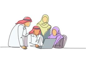 um único desenho de linha da comunidade empresarial jovem muçulmana discutindo projeto social juntos. pano da Arábia Saudita shmag, lenço na cabeça, ghutra, hijab, véu. ilustração em vetor desenho desenho em linha contínua