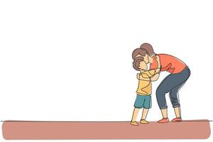 desenho de linha contínua única de jovem mãe abraçando seu filho que quer ir para a escola, tempo de paternidade. conceito de parentalidade familiar. tendência de uma linha desenhar ilustração vetorial de design gráfico vetor