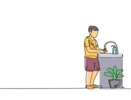 contínua uma linha desenhando um menino lava as mãos na pia, há uma saboneteira perto da torneira e há um vaso de plantas embaixo da pia. ilustração gráfica de vetor de desenho de linha única