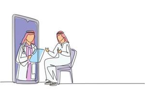 única linha contínua desenho árabe masculino médico segurando a área de transferência, verificando a condição do paciente do sexo masculino sentado na cadeira. consulta online. ilustração em vetor desenho gráfico dinâmico de uma linha