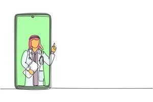 contínuo de um desenho de linha árabe masculino médico sai da tela do smartphone, segurando a área de transferência. serviços médicos online, consulta médica. ilustração gráfica de vetor de desenho de linha única