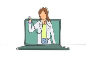 contínua uma linha desenho médica sai da tela do laptop segurando o estetoscópio. serviços médicos online, conceito de consulta médica. ilustração gráfica de vetor de desenho de linha única