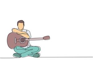 um desenho de linha contínua do jovem guitarrista masculino feliz posando depois de tocar violão. conceito de desempenho de artista de músico dinâmico, linha única, desenho gráfico, ilustração vetorial vetor