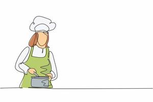 desenho de linha única de uma jovem chef feminina mexendo a sopa na panela para misturar o tempero. comida vegana orgânica saudável modelo moderno uma linha mão desenhada ilustração vetorial estilo minimalismo vetor