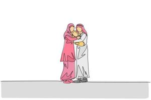 uma única linha de desenho de jovem árabe pai e mãe abraçando seu bebê cheio de ilustração vetorial de amor. conceito de parentalidade familiar muçulmana islâmica feliz. design moderno de desenho de linha contínua vetor