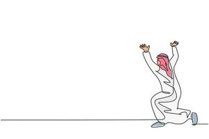 único desenho de linha contínua do jovem empresário árabe pose ajoelhado segurar o gesto, levantando o objeto. trabalhador profissional. conceito minimalismo dinâmico uma linha desenhar ilustração vetorial de design gráfico vetor