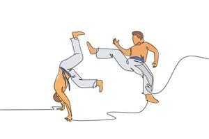 um desenho de linha contínua de dois jovens lutadores brasileiros esportivos treinando capoeira na praia. conceito de esporte de luta tradicional saudável. ilustração em vetor design de desenho de linha única dinâmica