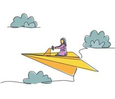 única linha contínua desenho jovem mulher de negócios árabe sentado e dirigindo o avião de papel. viagem de negócios. conceito de metáfora do minimalismo. ilustração em vetor desenho gráfico dinâmica de uma linha
